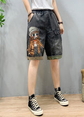 Art Black Grey Elastic Waist Cartoon Girl Denim Shorts