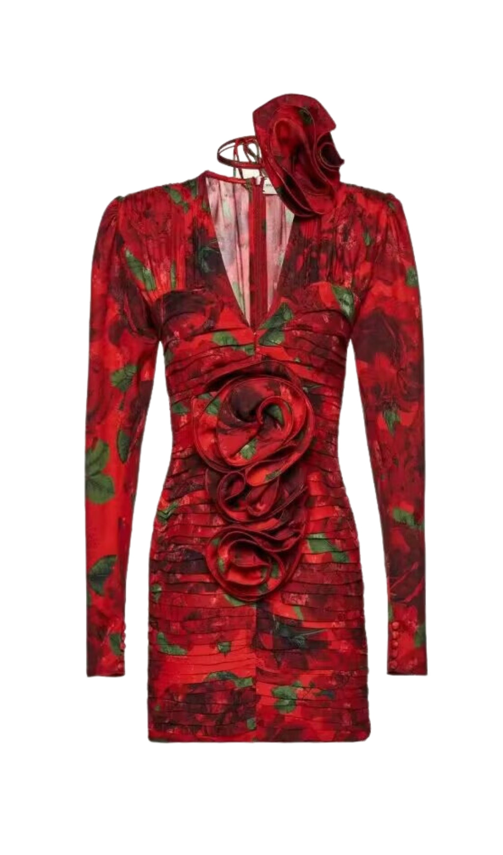 MINIKLEID MIT V-AUSSCHNITT UND ROSENDRUCK