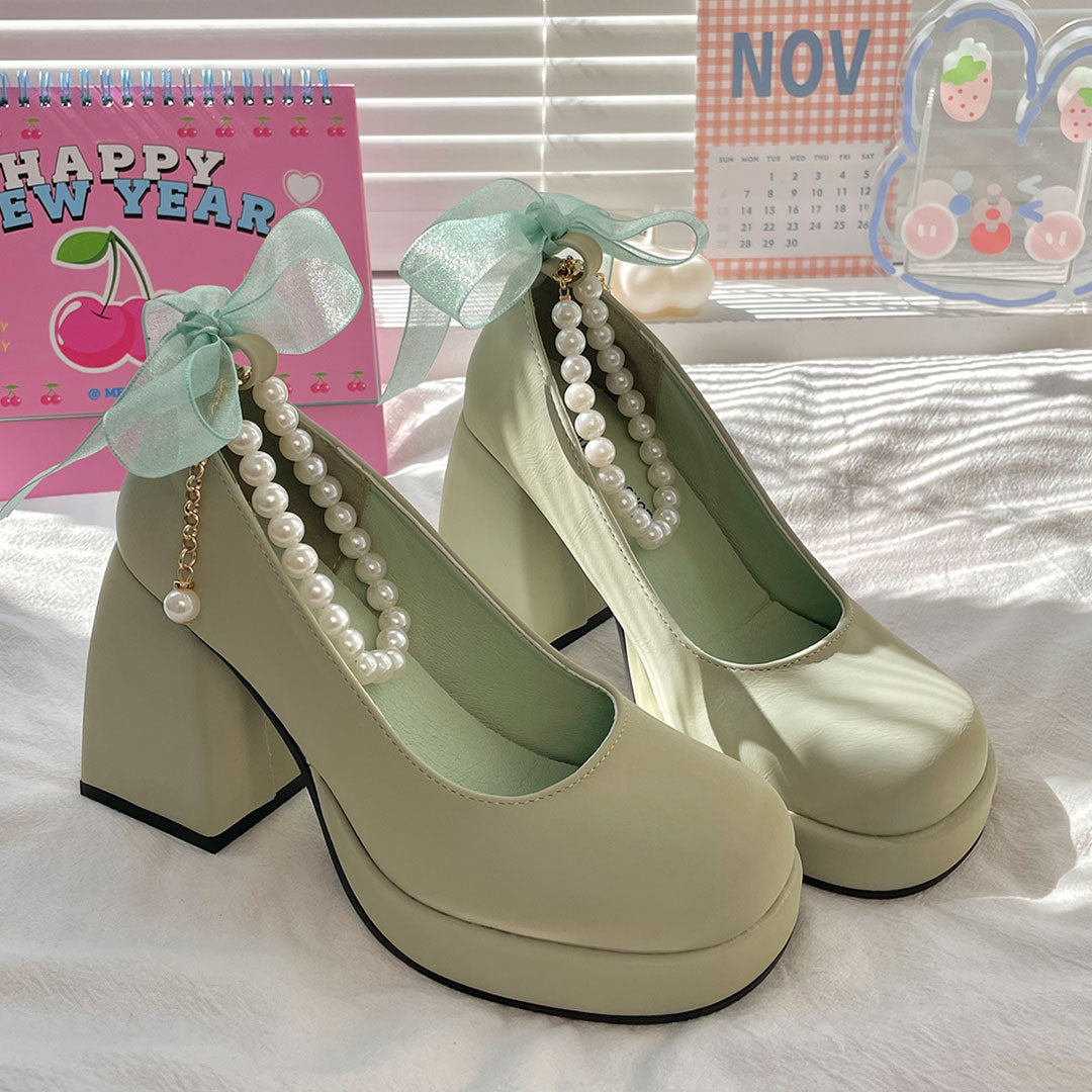 Schleife Grün Chunky Heels Schuhe