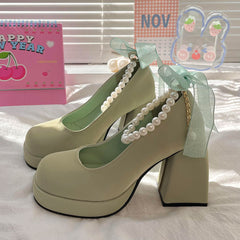 Schleife Grün Chunky Heels Schuhe