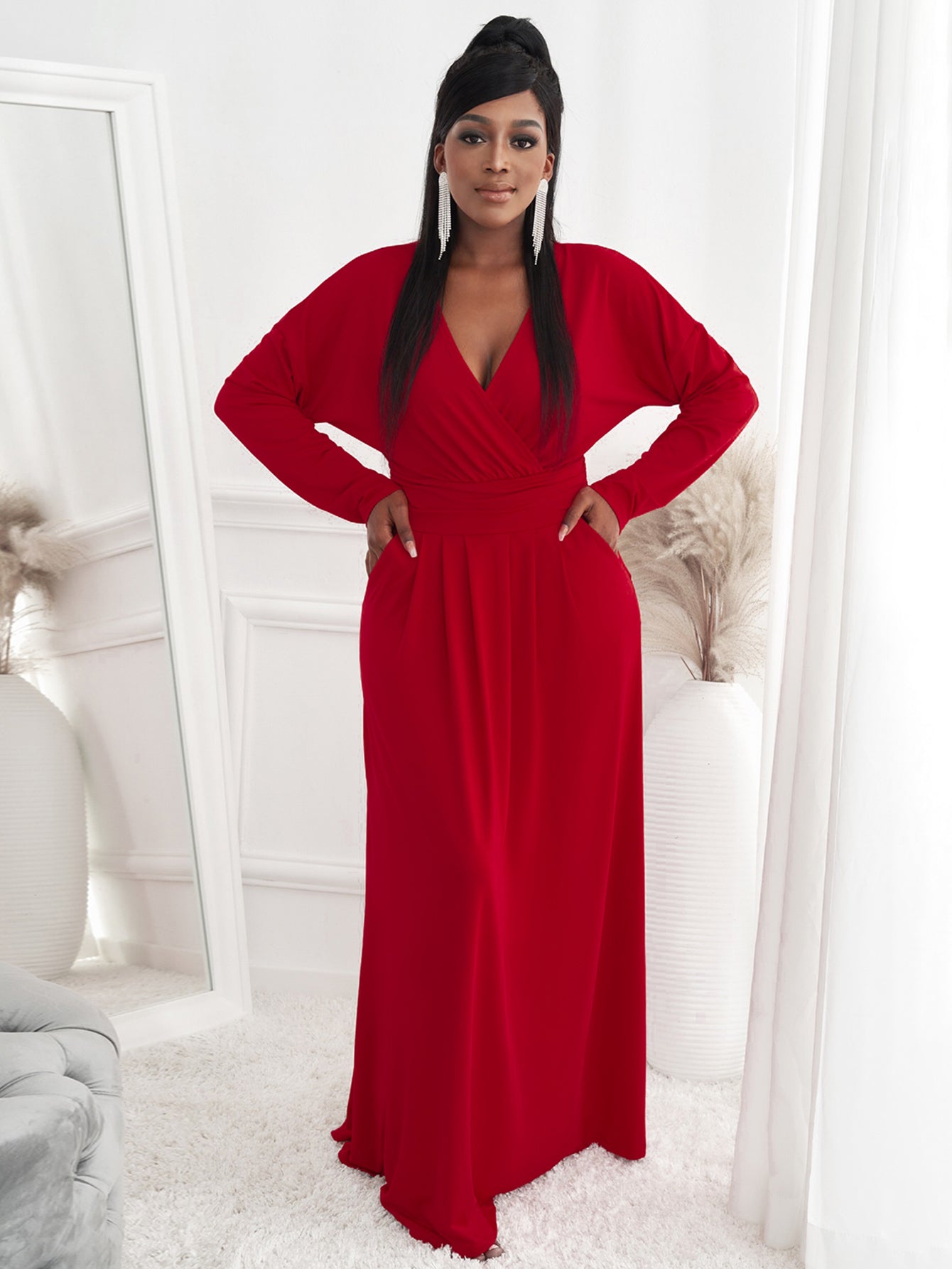 Burgunderrotes venezianisches Dolman-Maxikleid