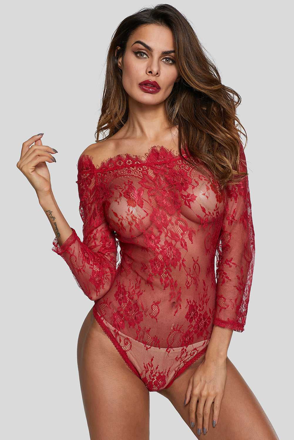 Burgundy Long Sleeve Embroidery Lace Lingerie Bodysuit