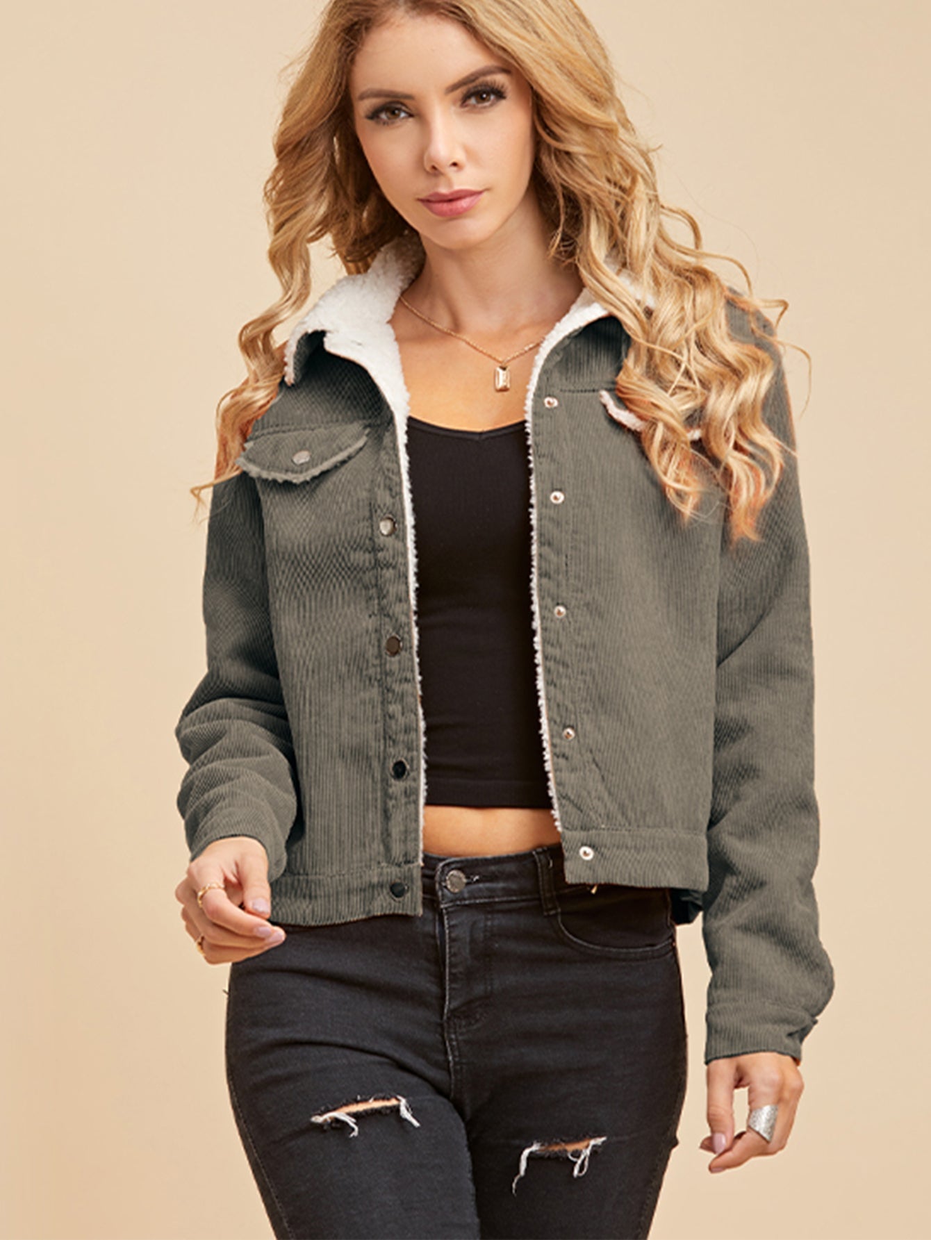 Button Front Sherpa Lining Corduroy Jacket Sai Feel