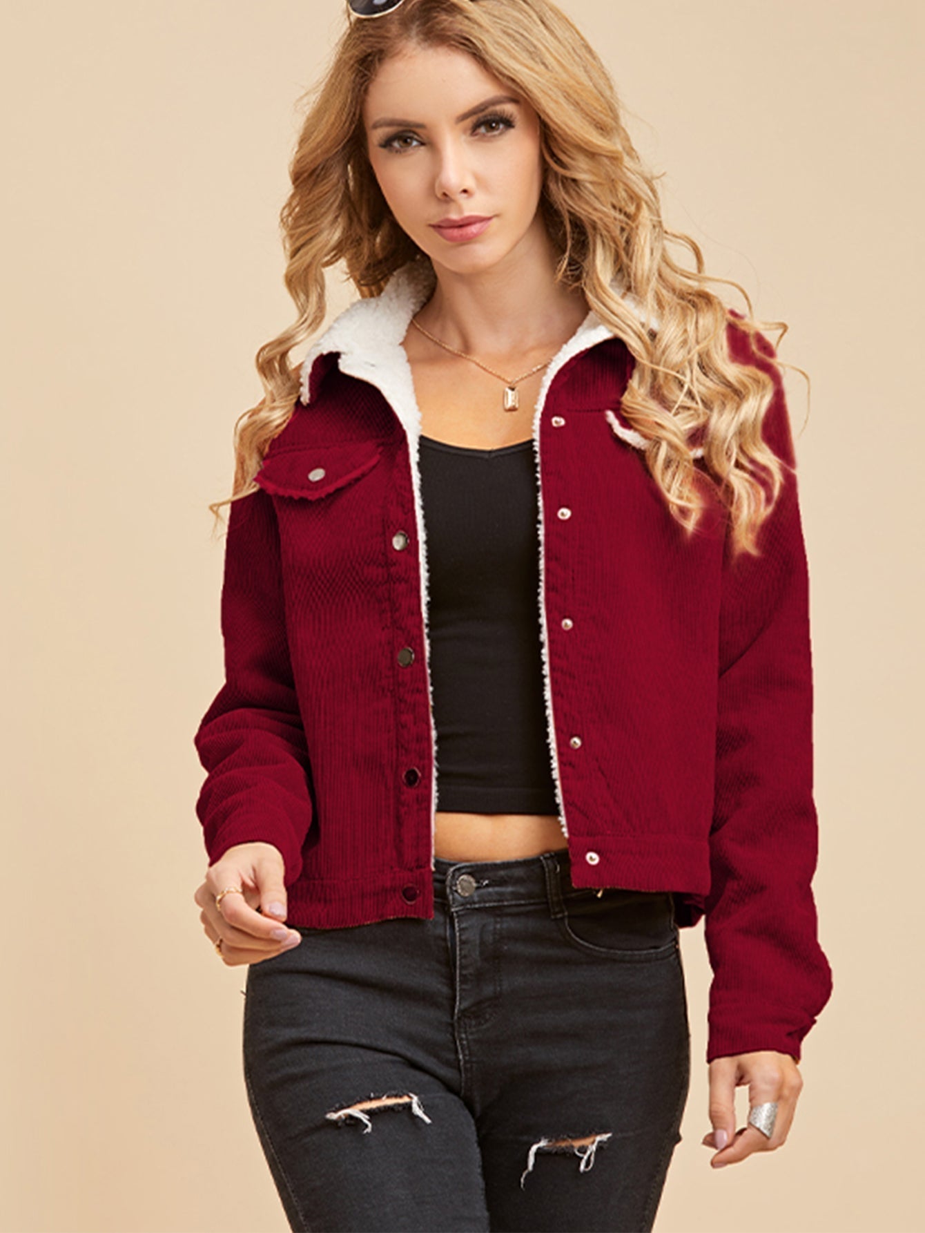 Button Front Sherpa Lining Corduroy Jacket Sai Feel