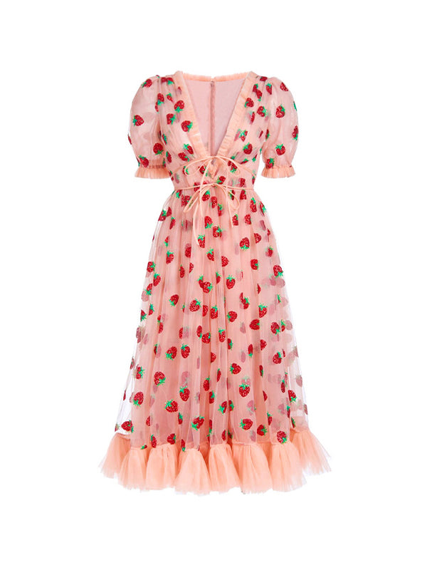 Sequined Strawberry Mesh Pleated Maxi Dress