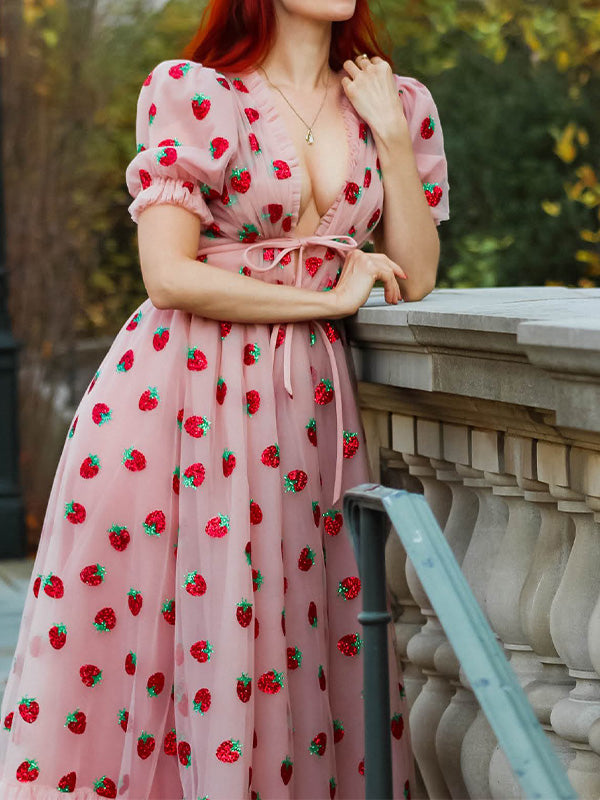 Sequined Strawberry Mesh Pleated Maxi Dress