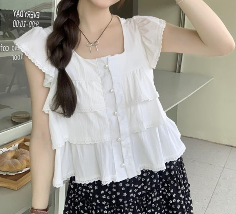 Maja Tiered Swiss Dot Button Down Top - Cream