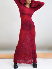 Gehäkeltes, hohles, rückenfreies, langärmliges Maxikleid zum Überziehen