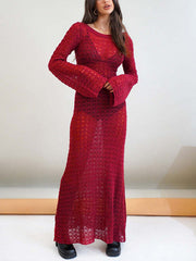 Gehäkeltes, hohles, rückenfreies, langärmliges Maxikleid zum Überziehen