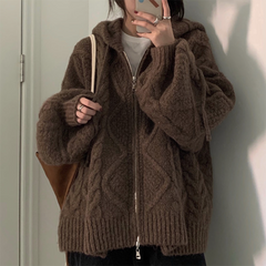 Cable Knit Zip Up Hooded Cardigan
