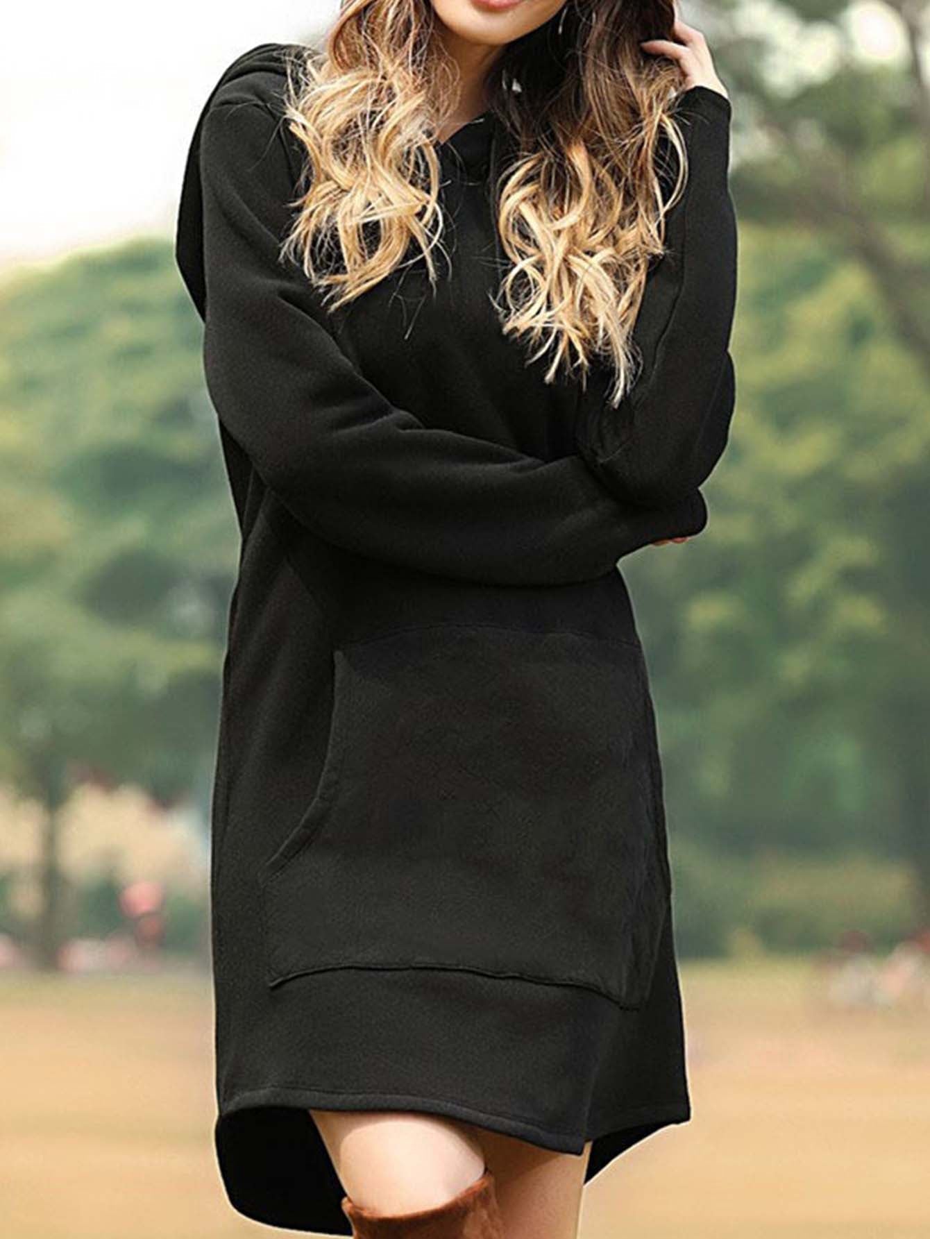 Casual solid color Hooded Pocket Hoodie Dress Sai Feel