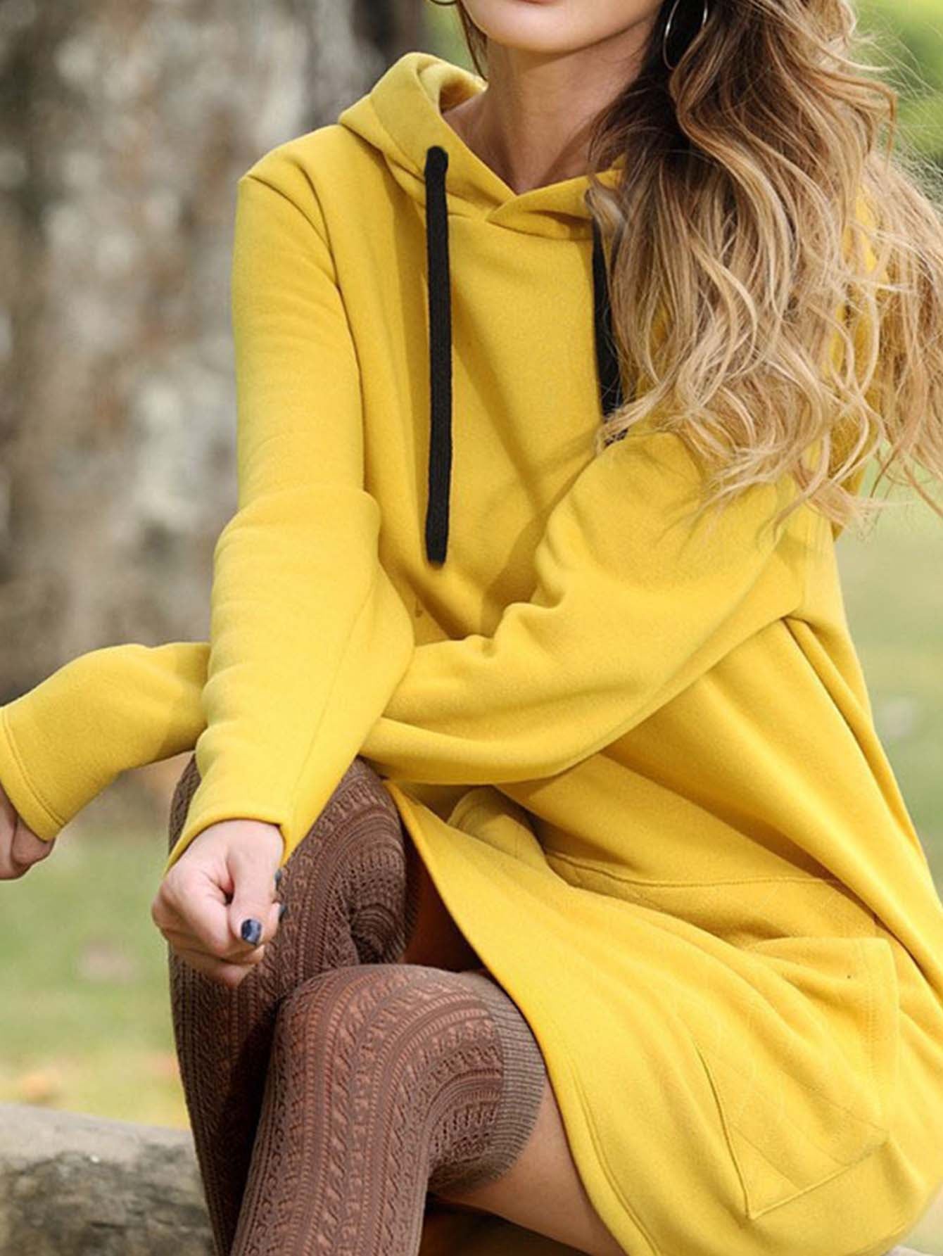 Casual solid color Hooded Pocket Hoodie Dress Sai Feel
