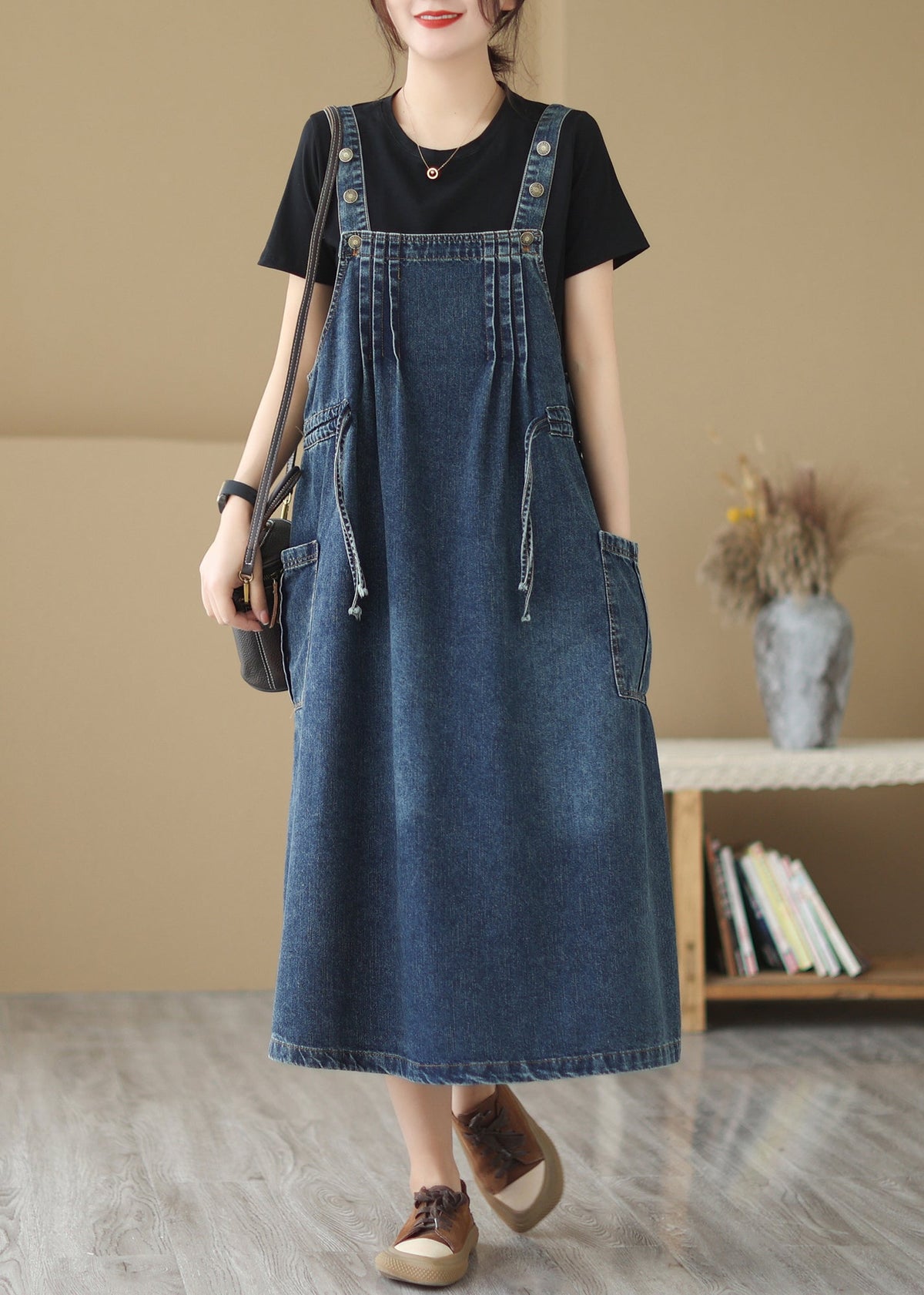 Classy Denim Blue Oversized Wrinkled Wrinkled Strap Dresses