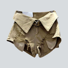 Collar waistband distressed denim shorts