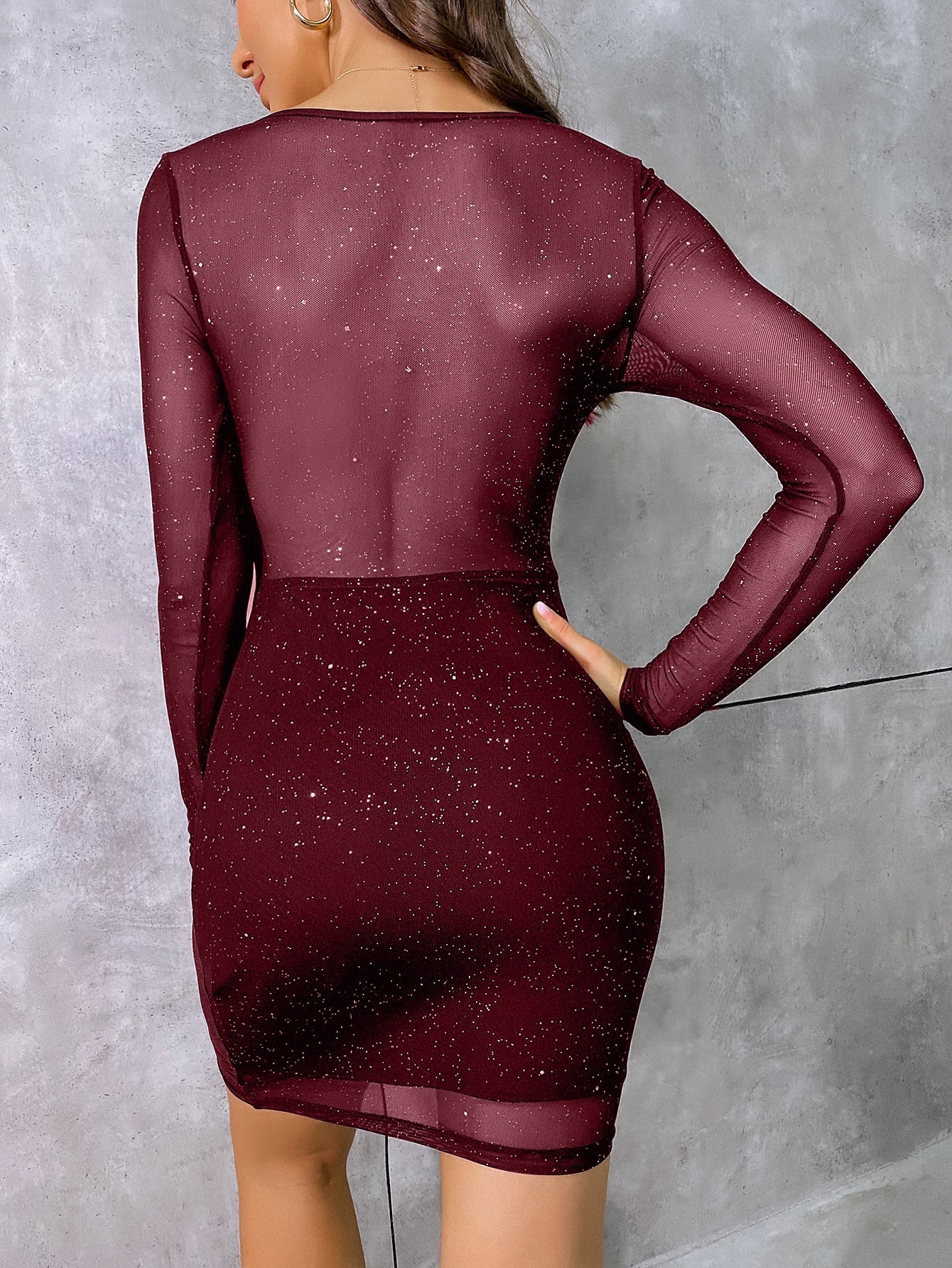 Contrast Sheer Mesh Sweetheart Neck Bodycon Dress