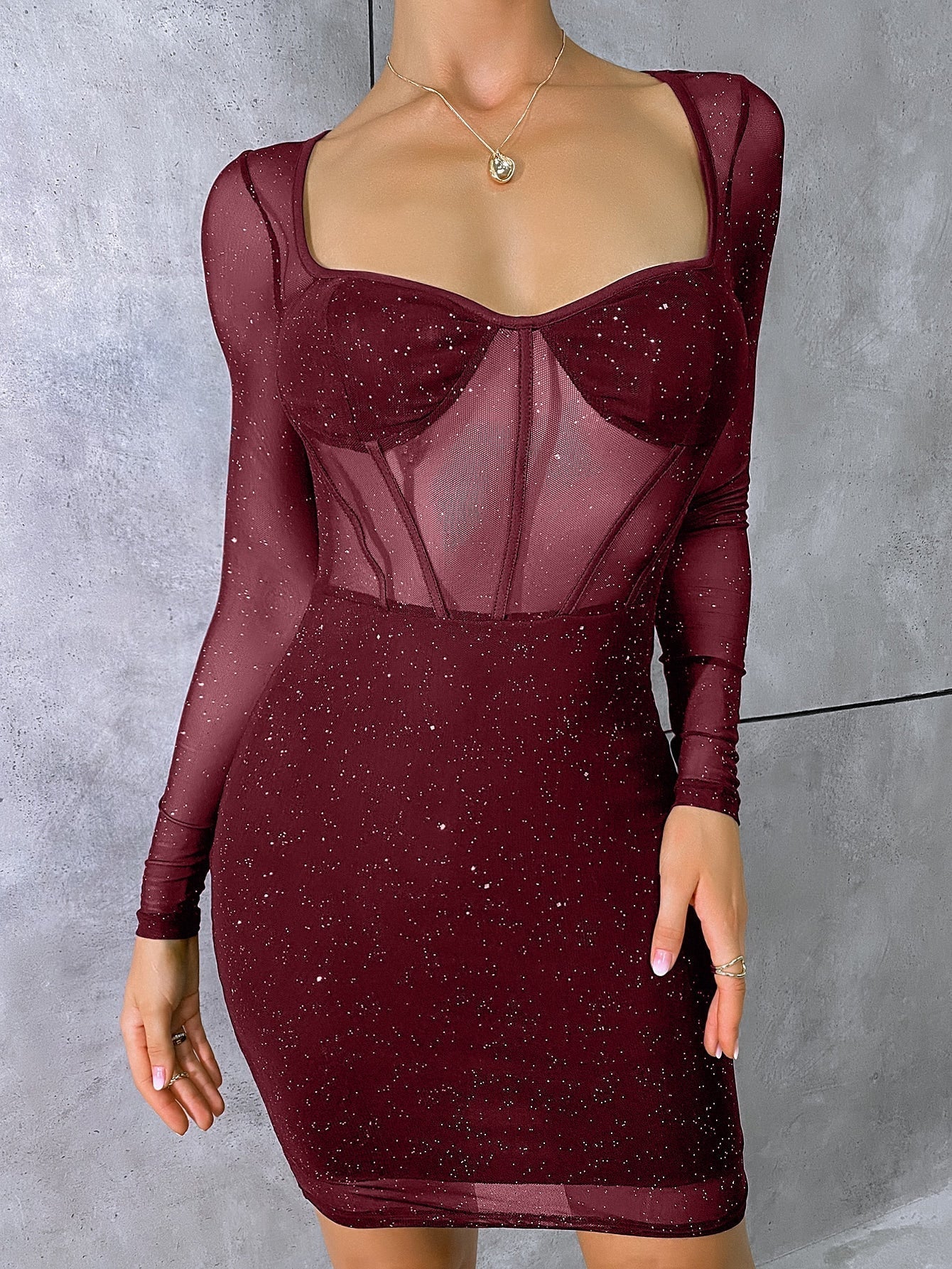Contrast Sheer Mesh Sweetheart Neck Bodycon Dress
