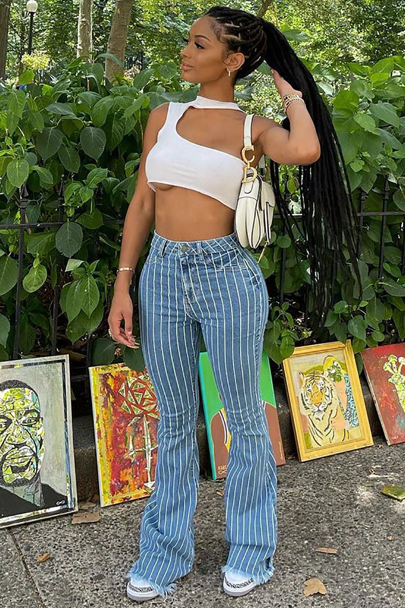 Crossed The Line Striped Flare Jeans - Light Blue Wash Ins Street