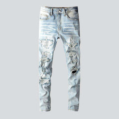 Crystal-embellished patchwork men jeans