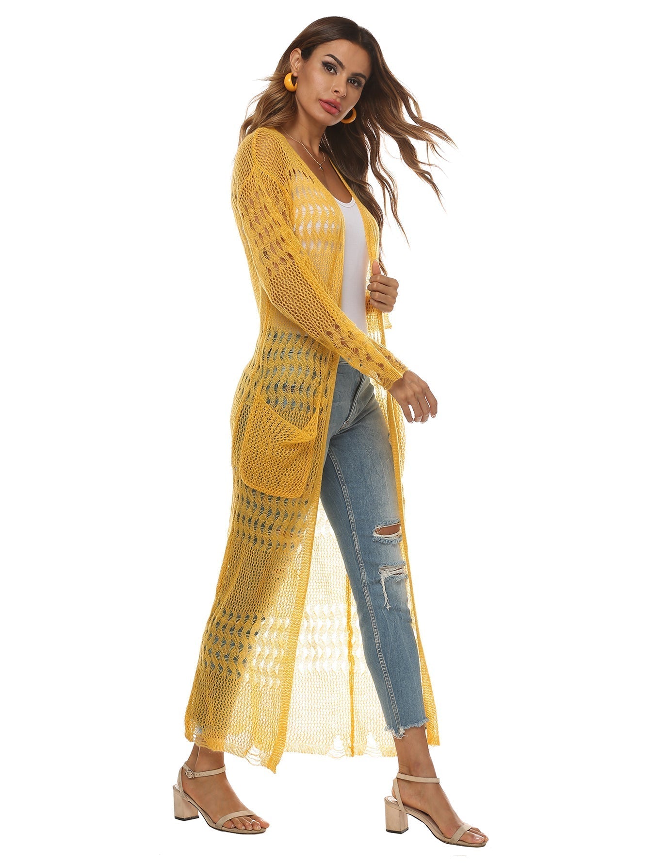 Cut Out Pocket Open Front Longline Cardigan Sai Feel