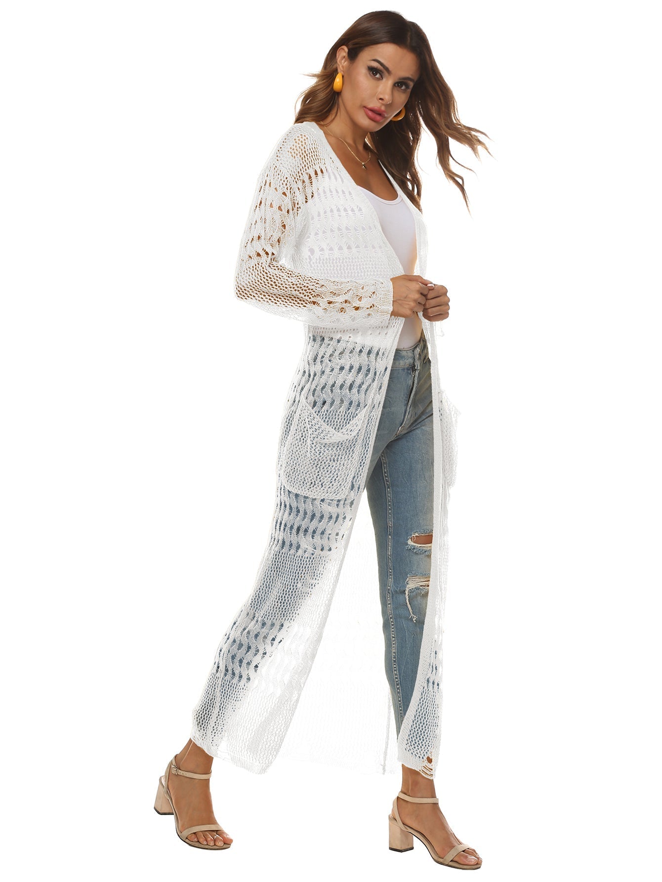 Cut Out Pocket Open Front Longline Cardigan Sai Feel