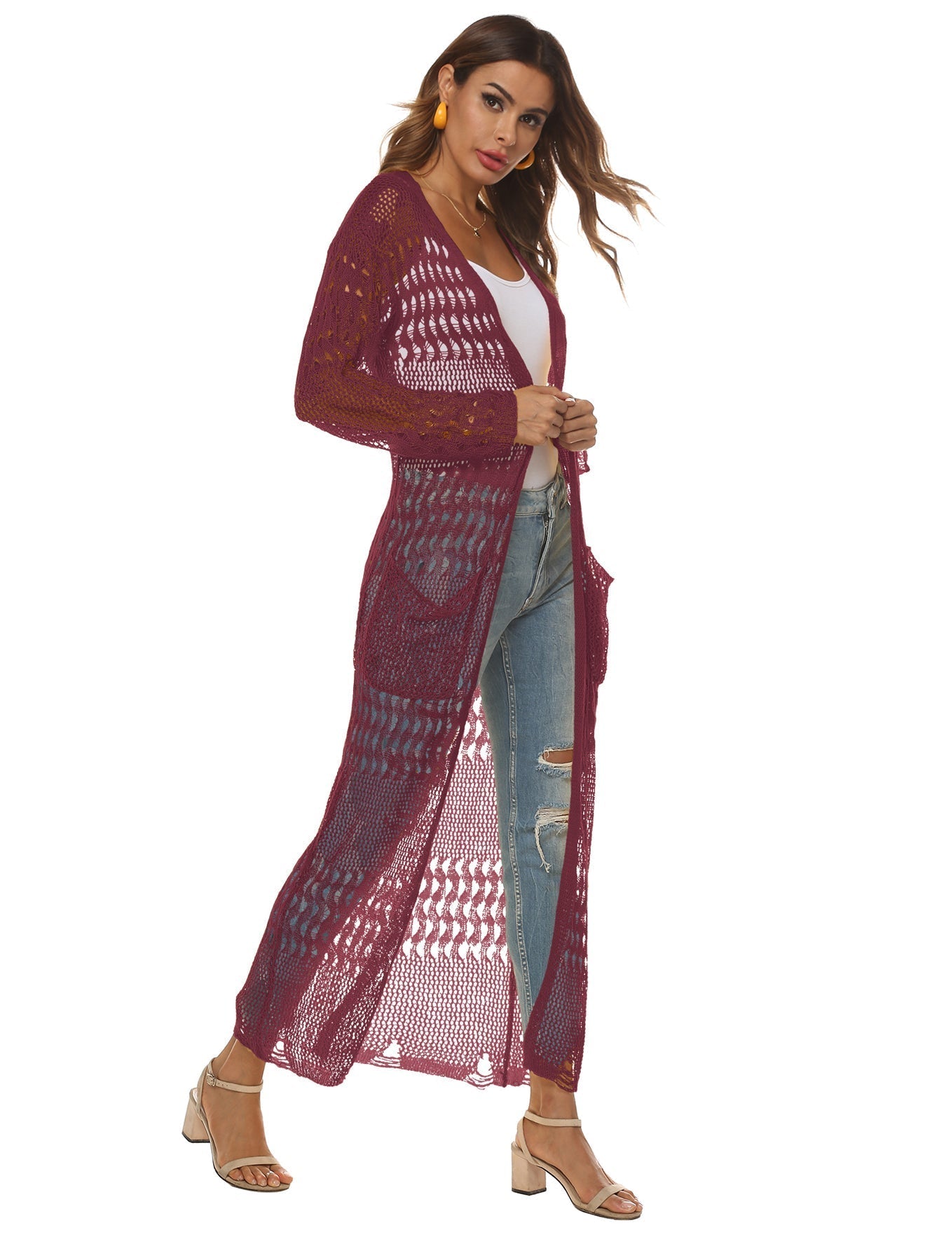 Cut Out Pocket Open Front Longline Cardigan Sai Feel