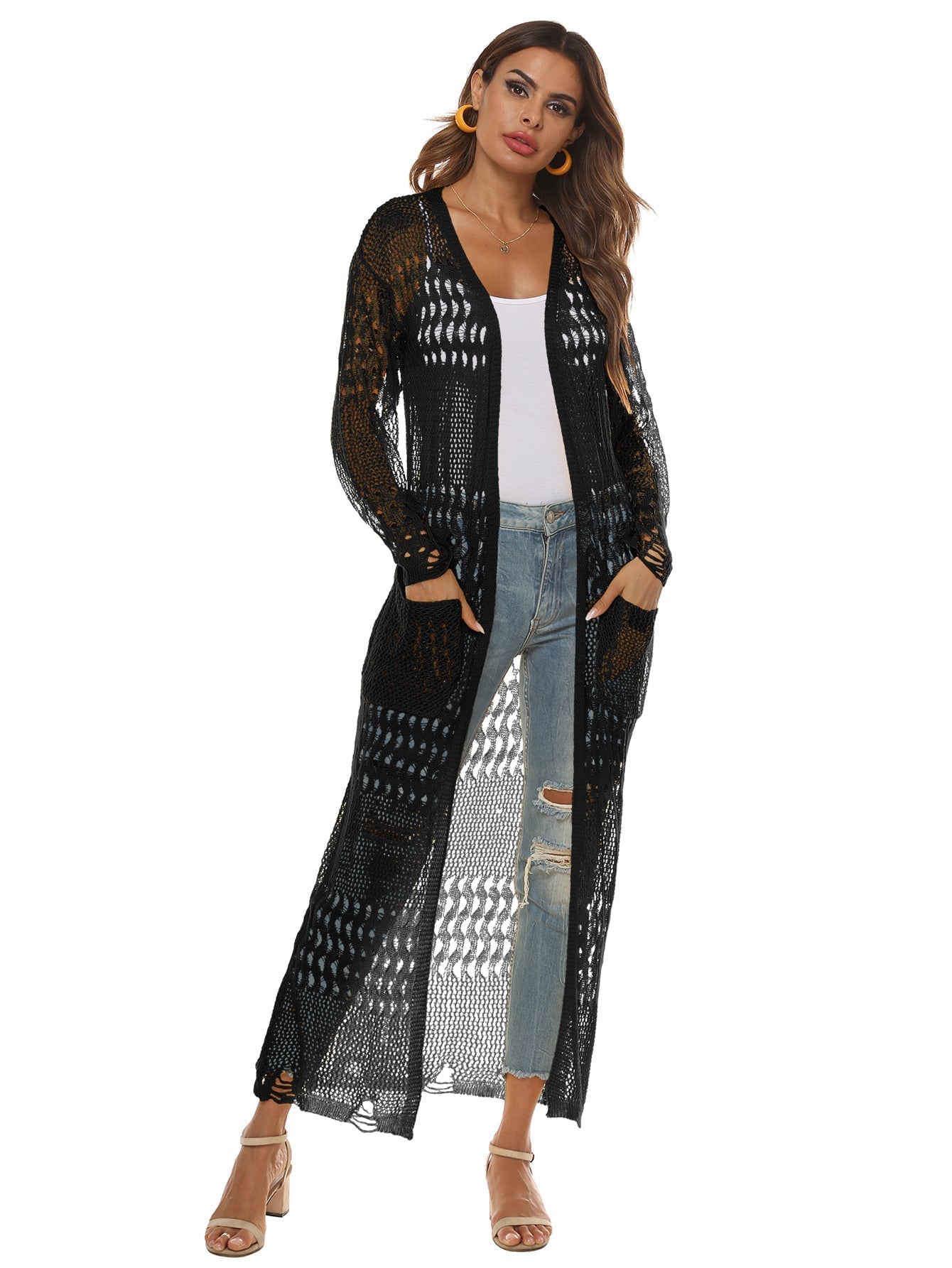 Cut Out Pocket Open Front Longline Cardigan Sai Feel
