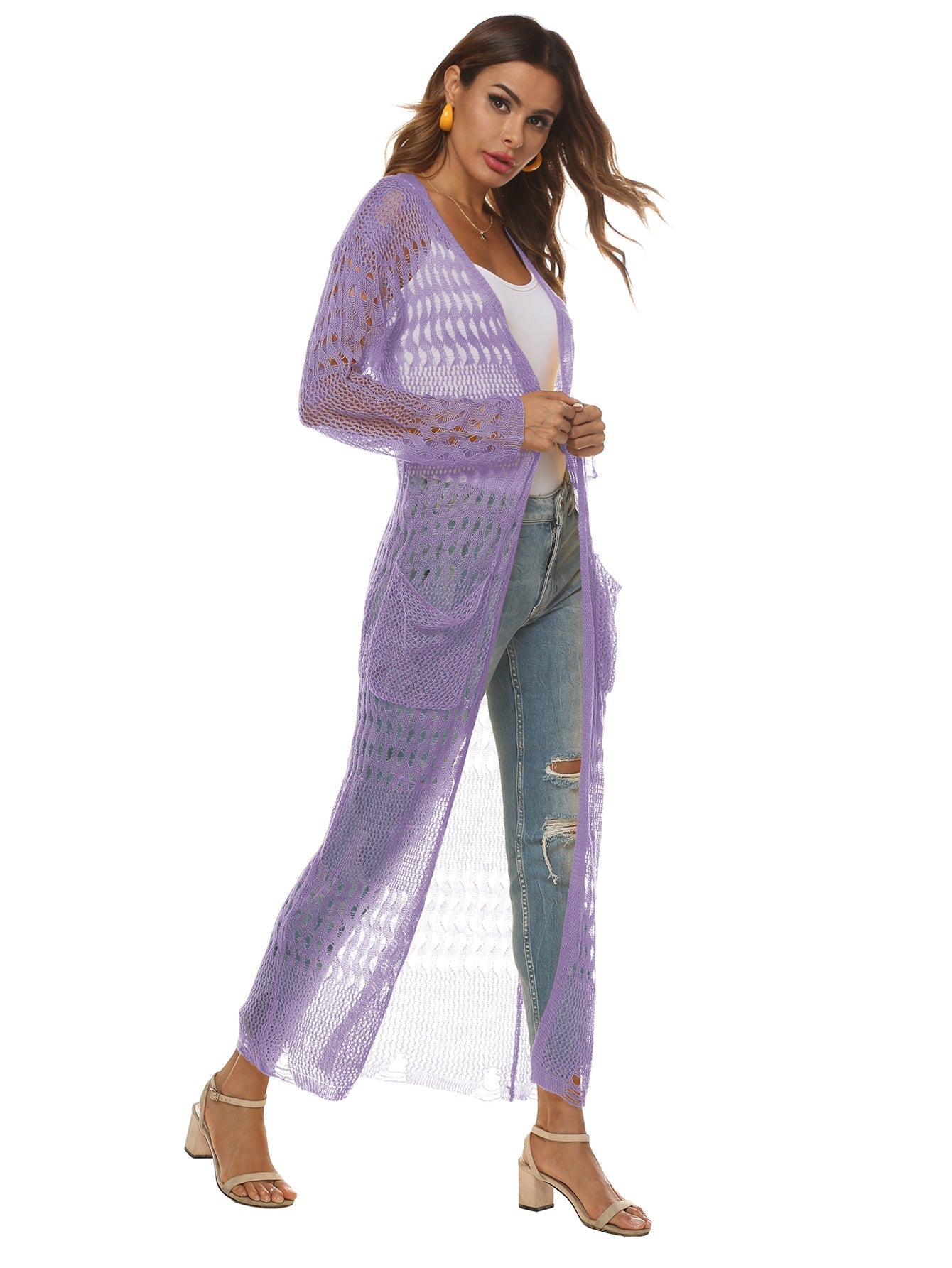Cut Out Pocket Open Front Longline Cardigan Sai Feel