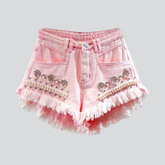 Distressed hem pearl denim shorts