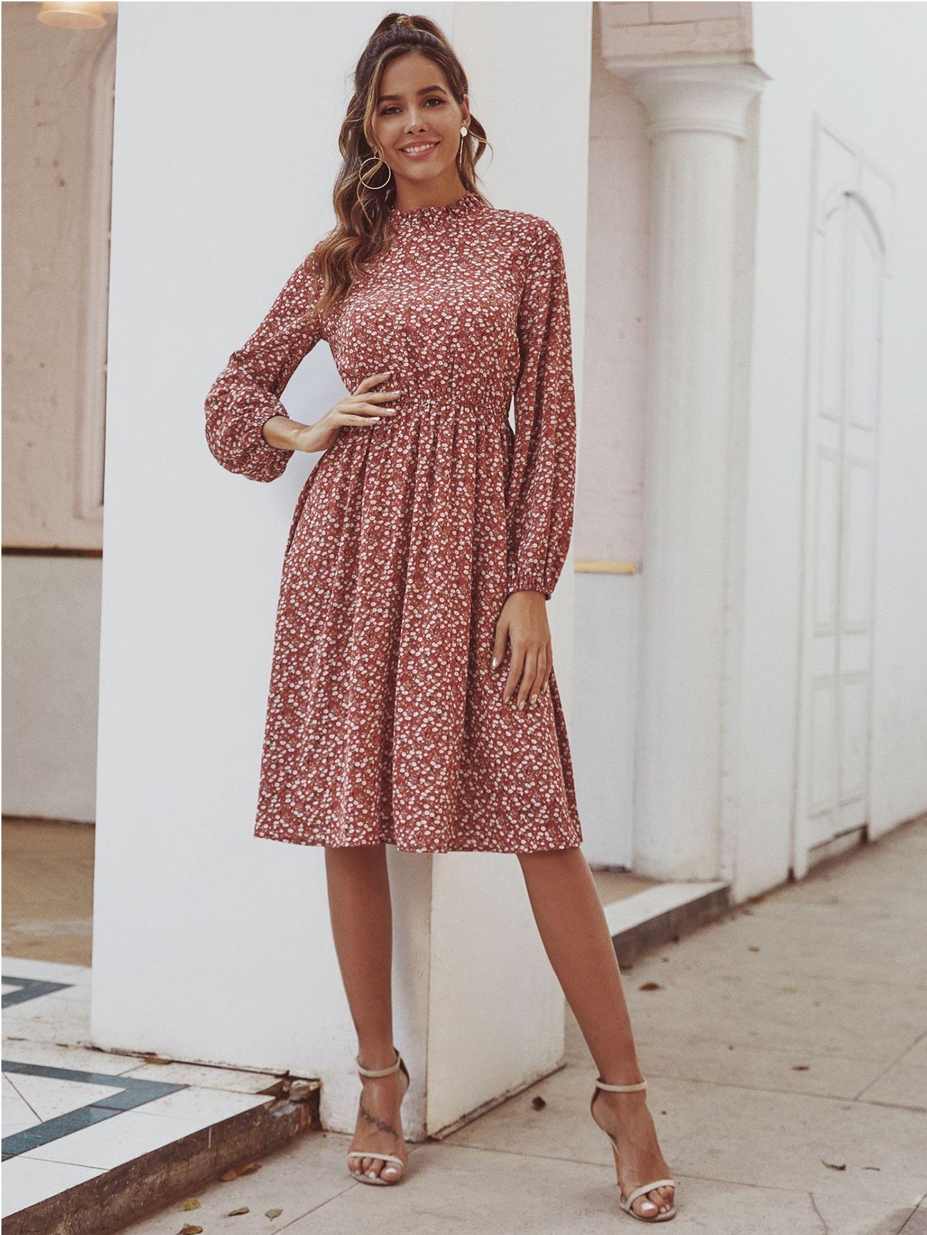 Disty Floral Mock Neck Elastic Wasit Dress Sai Feel