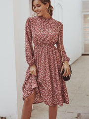 Disty Floral Mock Neck Elastic Wasit Dress Sai Feel