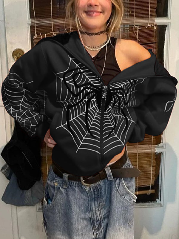 Spider Print Zip Up Hoodie