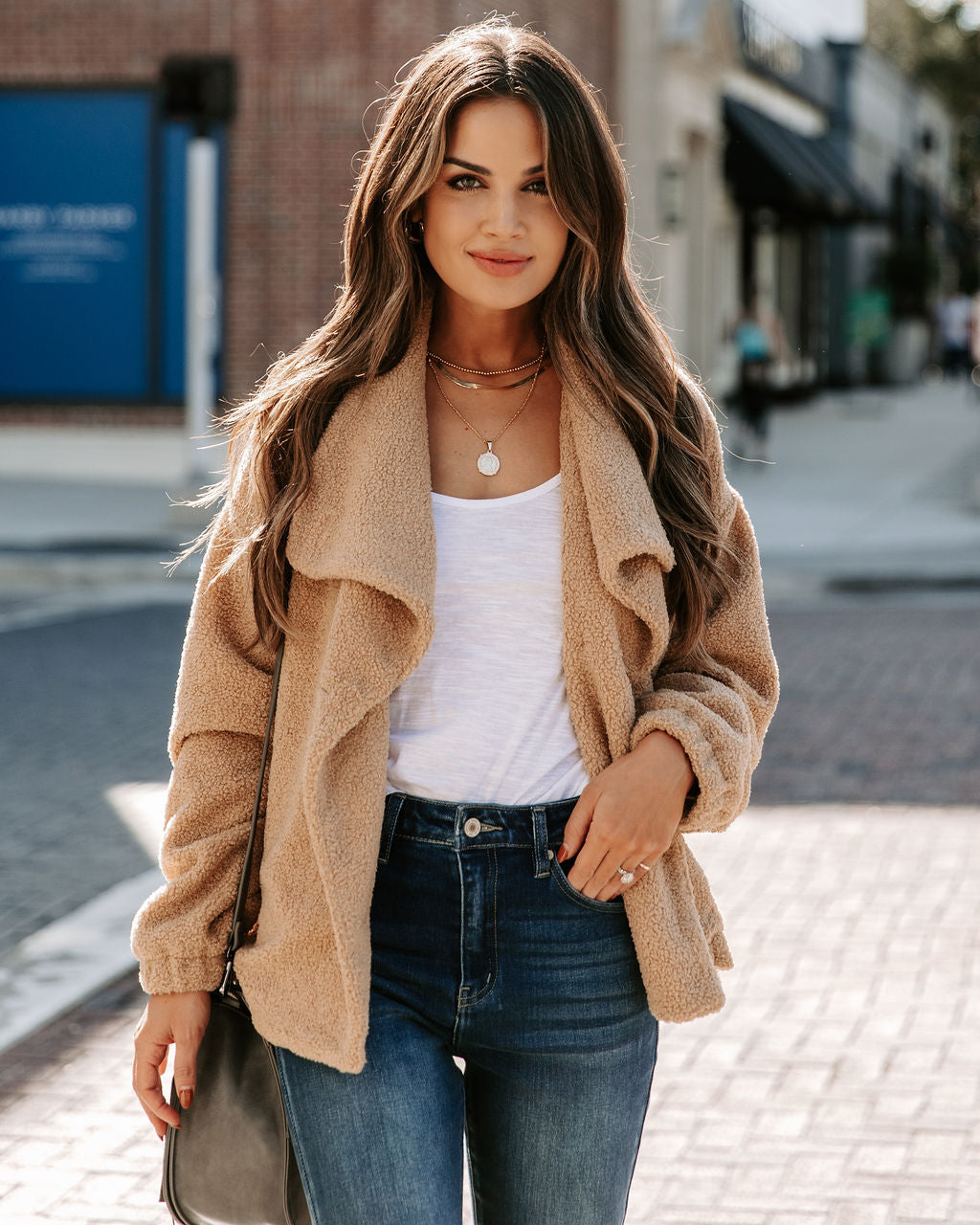 Martha Pocketed Drape Sherpa Jacket - Tan Ins Street