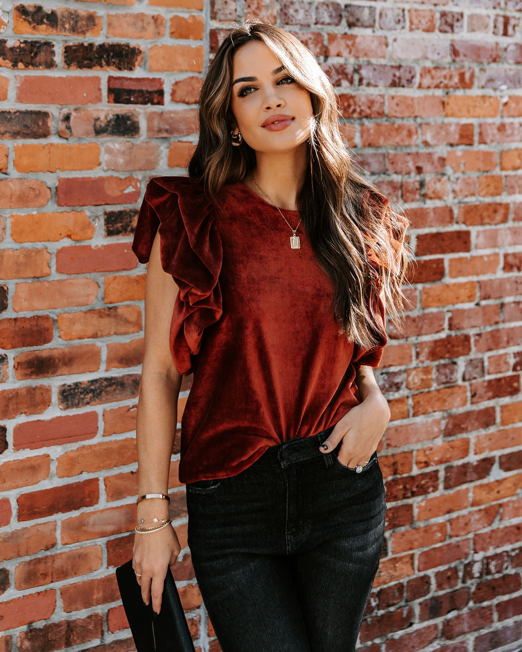 Baron Ribbed Velvet Top - Rust - FINAL SALE