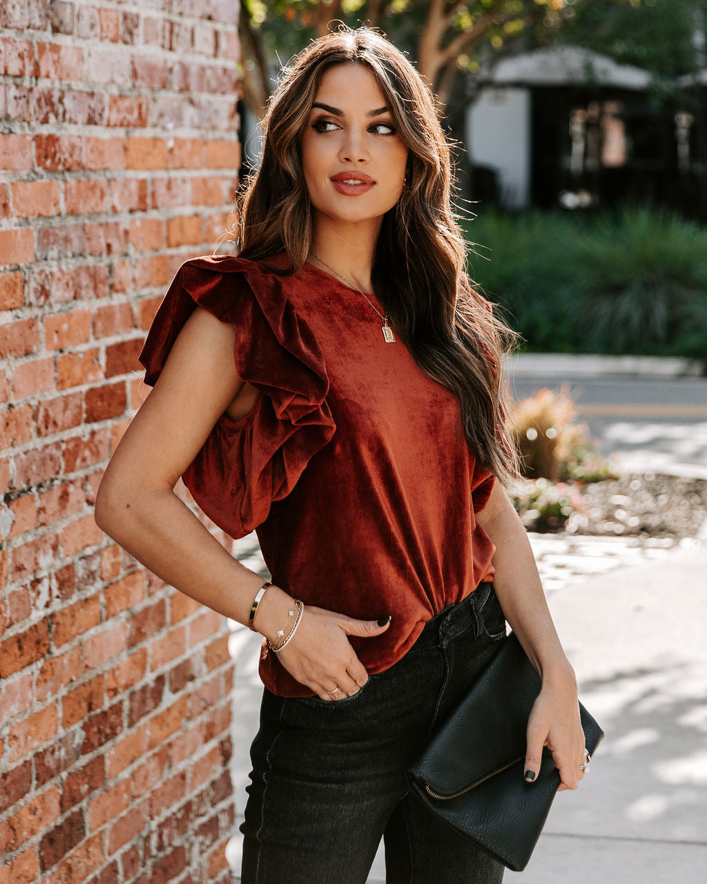Baron Ribbed Velvet Top - Rust - FINAL SALE