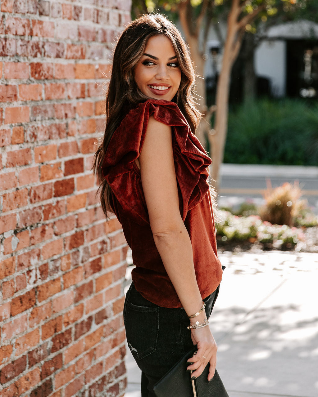 Baron Ribbed Velvet Top - Rust - FINAL SALE