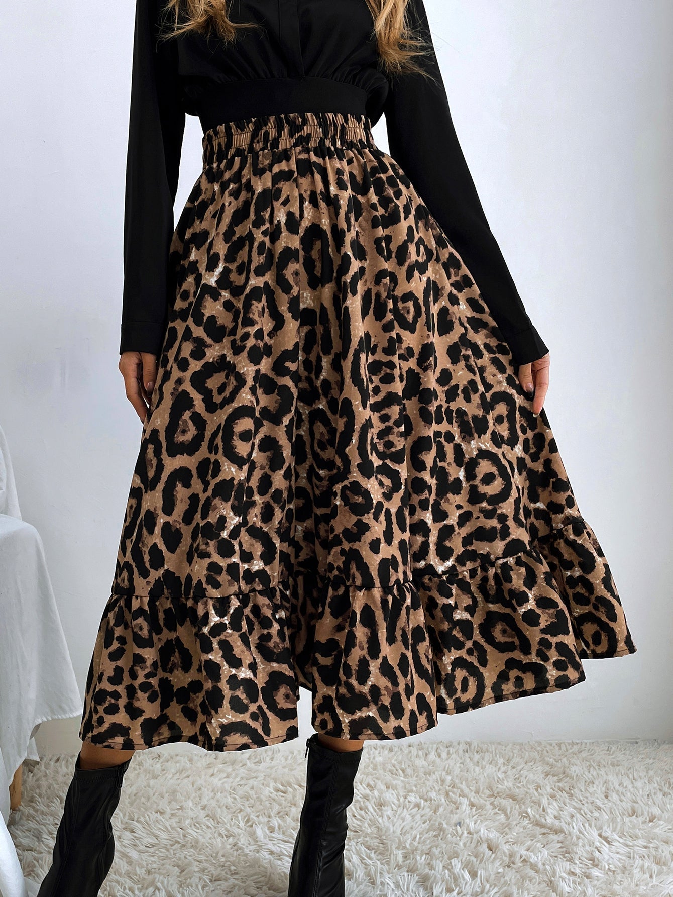 Elastic Waist Leopard Ruffled Maxi Skirt Sai Feel