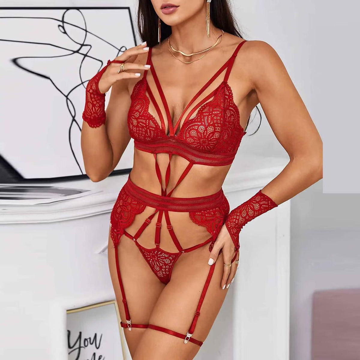 Halter Neck Backless Lace Babydoll With Thong And Gloves