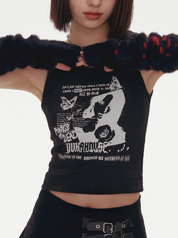 Gothic Punk Printed Rib Crop Tank Top