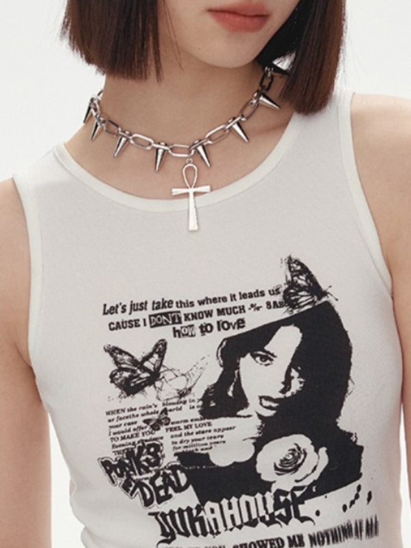 Gothic Punk Printed Rib Crop Tank Top