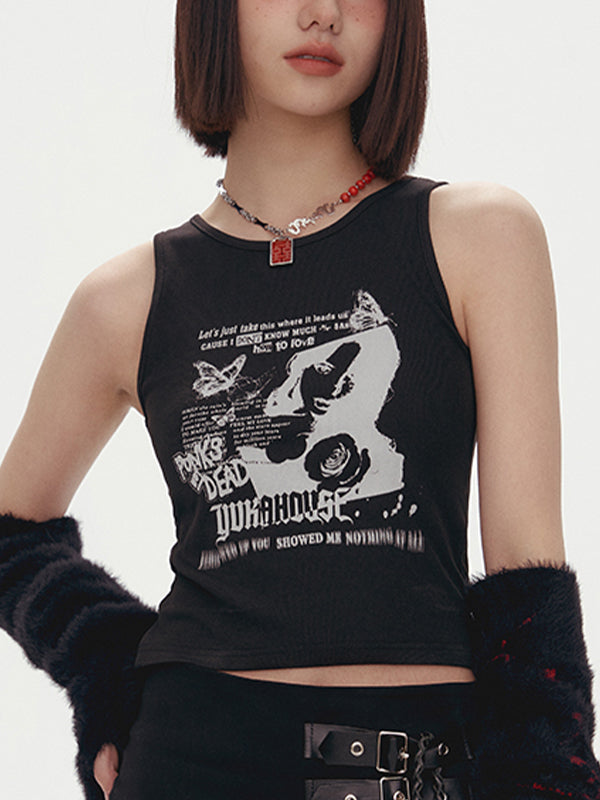 Gothic Punk Printed Rib Crop Tank Top