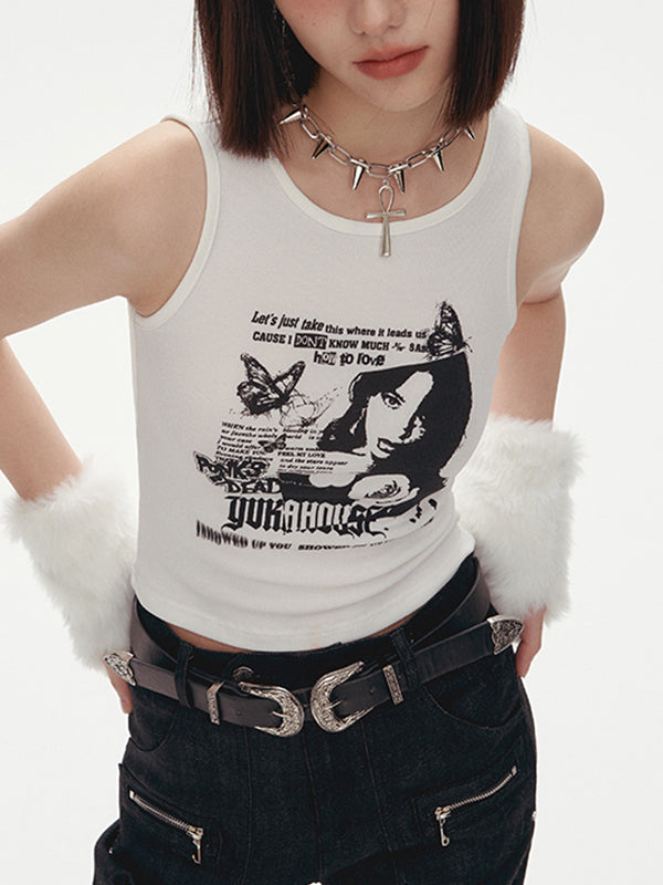 Gothic Punk Printed Rib Crop Tank Top