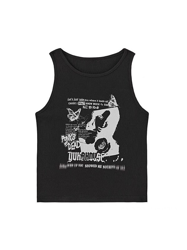 Gothic Punk Printed Rib Crop Tank Top