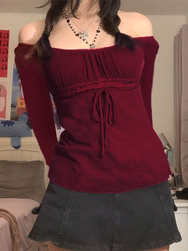 Lace Trim Tie Front Long Sleeve Blouse