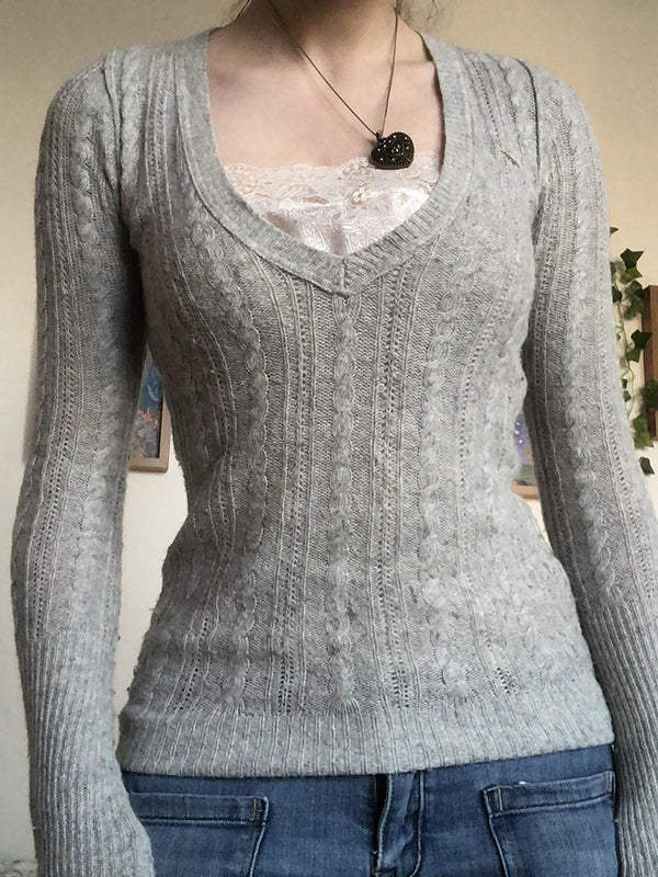 Vintage V Neck Cable Knit Top