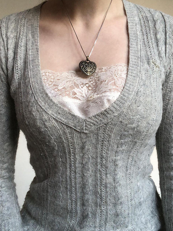 Vintage V Neck Cable Knit Top