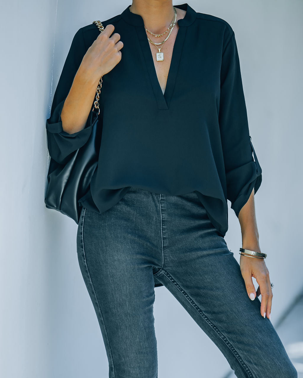 Split The Tab Blouse - New Black - FINAL SALE