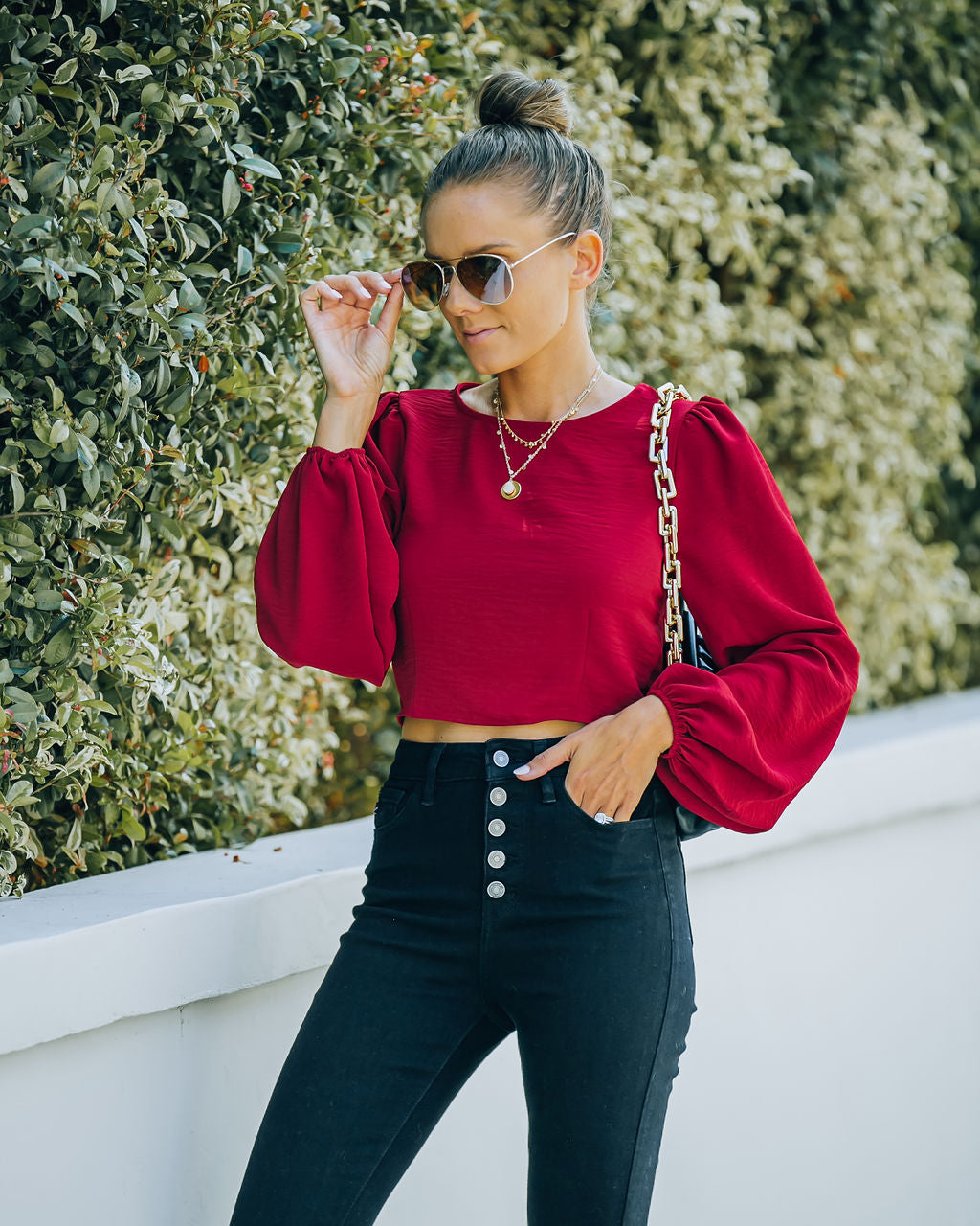 Joyce Billowed Sleeve Crop Blouse - Port - FINAL SALE