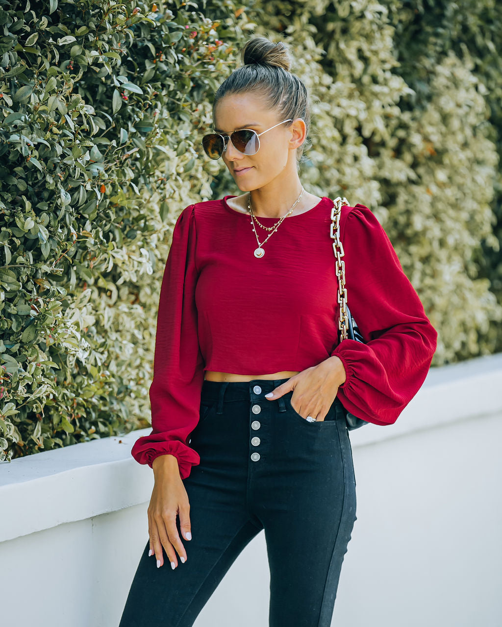 Joyce Billowed Sleeve Crop Blouse - Port - FINAL SALE