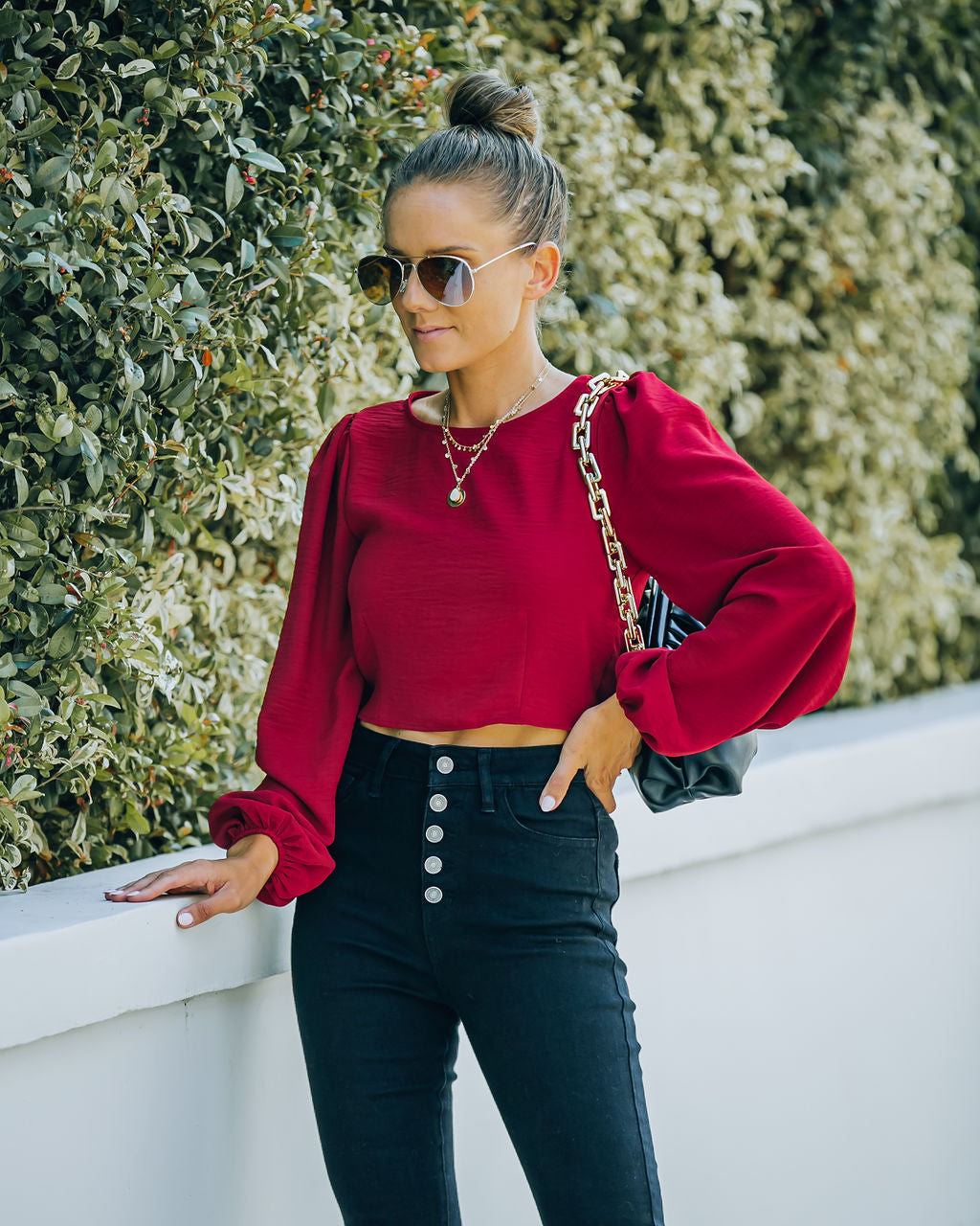 Joyce Billowed Sleeve Crop Blouse - Port - FINAL SALE