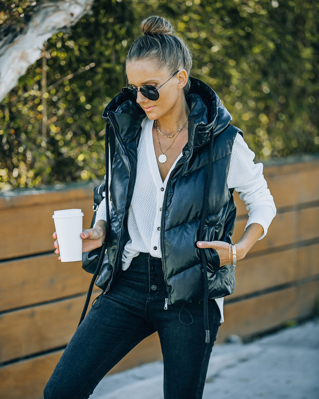 Shelton Pocketed Hooded Faux Leather Puffer Vest